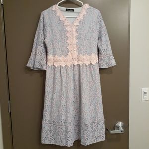 Blue and Pink Longsleeve Lace Midi Dress